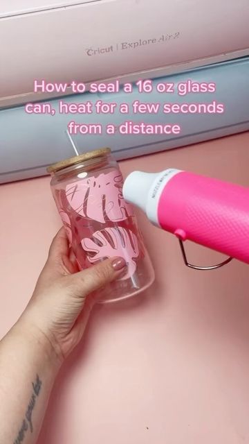 Jessica | Cricut & Crafts on Instagram: "How to seal permanent vinyl on a glass can. Use a heat gun for a few seconds from a DISTANCE. . . FYI: You can now join my subscription plan on Instagram to get the chance to enter in our HUGE giveaways! $4.99 will automatically apply to any drawings. JOIN NOW! 💗 . . Find everything on my Amazon storefront and coupons to outside sources 💗 . . Visit Jchcreationsdiy.com & shop our wholesale blanks! Follow for more cricut tips, tricks, tutorials 💗 . . #cr Glass Tumblers With Vinyl Ideas, Glass Vinyl Ideas, Vinyl On Glass, Maker Ideas, Cricut Tips, Clear Glue, Glass Projects, Amazon Storefront, Cricut Projects Vinyl