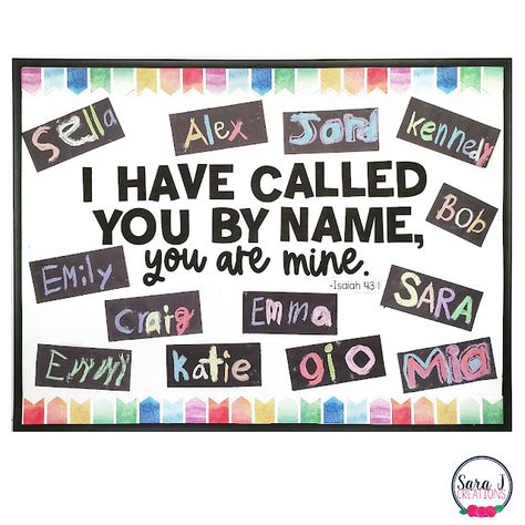 I have called you by name Catholic bulletin board Bulletin Board Ideas With Students Names, I Have Called You By Name Bulletin Board, Advent Bulletin Boards Catholic School, Decorate Sunday School Room Ideas, Bible Verse Bulletin Boards, Catholic School Bulletin Board Ideas, Christian Back To School Bulletin Boards, Primary Bulletin Board Ideas, School Hallway Decor