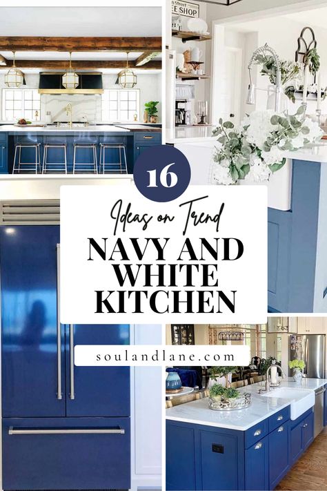 Step into a world of sophistication and versatility with our handpicked navy and white kitchen ideas. Dive into a palette that never goes out of style, where navy adds depth and richness while white exudes purity and freshness. Unleash your creativity and witness how these stunning color combinations breathe life into any kitchen setting. Get inspired and make your cooking haven the talk of the town! Taupe And Navy Kitchen, Grey Beadboard Walls, White And Navy Kitchen, Navy Blue And White Kitchen, Navy And White Kitchen, Navy Kitchen Walls, Navy Blue Backsplash, White Apron Sink, Gray Subway Tile Backsplash