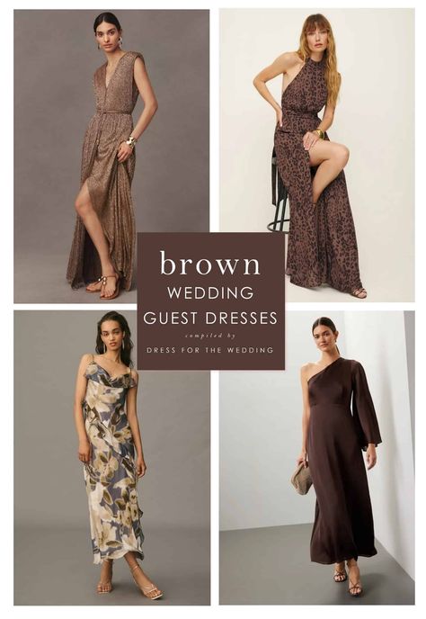 Collage of 4 examples of brown dresses for wedding attire. Brown Wedding Guest Dress Accessories, Jewelry For Brown Dress, Accessories For Brown Dress, Brown Wedding Dress Guest, Brown Weeding Guest Dresses, Brown Silk Dress Wedding Guest, Brown Dress With Black Shoes, Brown Dress For Spring Dress-up Occasion, Chocolate Brown Dress