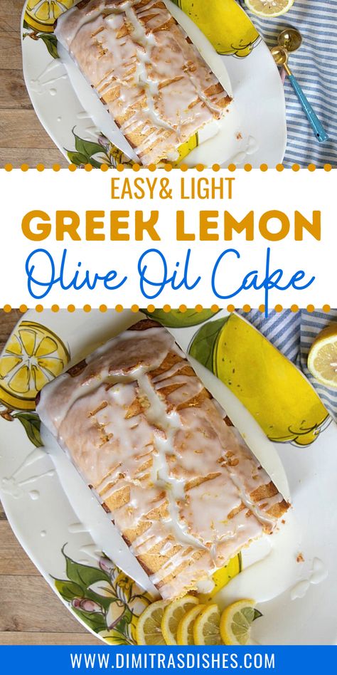 Easy homemade Lemony Olive Oil Cake - Try this light and fresh Greek-style olive oil loaf cake for your next brunch or party. Olive oil, Greek yogurt and lemon give this easy cake a delicious flavor your family will love. #cakerecipes #lemoncakes #dessertrecipes #healthysnacks #oliveoilcake #greekdesserts #dimitrasdishes #brunchreciipes Greek Lemon Olive Oil Cake, Greek Lenten Desserts, Greek Tea Party, Greek Party Food Desserts, Greek Olive Oil Cake, Mediterranean Cake Recipes, Easy Mediterranean Dessert Recipes, Healthy Mediterranean Desserts, Greek Lemon Cake