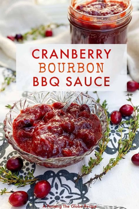 Cranberry Bourbon BBQ Sauce is a cross between cranberry sauce and bbq sauce. The tangy smokey zesty flavors are amazing with smoked turkey, roasted turkey and leftover turkey sandwiches - it's also a delicious sauce for anything you would put ketchup or BBQ sauce on: sandwiches, burgers..... #CranberrySauce #CranberryBBQSauce #BourbonBBQSauce #ThanksgivingSide Bourbon Cranberry Sauce, Bourbon Bbq Sauce Recipe, Turkey Roasted, Bourbon Bbq Sauce, Chicken Ribs, Sweet N Spicy, Smoked Turkey Recipes, Leftover Cranberry Sauce, Cranberry Sauce Recipe