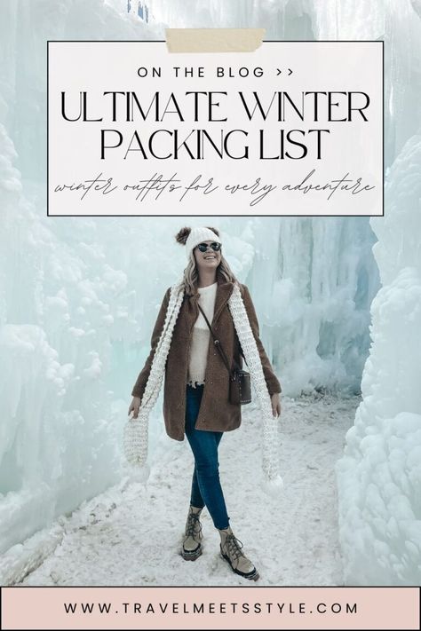 The ultimate winter packing list: Cute & cozy winter outfits for your next trip 2024 - Travel Meets Style What To Wear In Jackson Hole Winter, Vermont Winter Outfit, Iceland Outfits Winter, Telluride Colorado Winter, Cute Cozy Winter Outfits, Winter Vacation Packing, Winter Vacation Packing List, Jackson Hole Winter, Cold Weather Packing