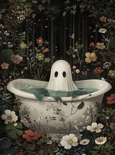 Gothic Bathtub, Little Ghost Painting, Bathtub Illustration, Ghost Painting, Halloween Wallpaper Backgrounds, Drawing Ideas List, Cartoon Artwork, Little Ghost, Apartment Art