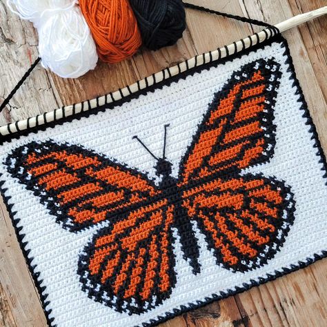 It's always hard to go back to routines on a Tuesday after a long weekend. Don't you agree? 📃 Monarch Tapestry pattern by me 🧶 @lionbrandyarn Basic Stitch #monarchtapestry #tapestrycrochetpattern #tapestrycrochet #crochettapestry Butterfly Tapestry Crochet Pattern, Tapestry Crochet Ideas, Crochet Tapestry Pattern Free, Crochet Tapestries, Tapestry Butterfly, Butterfly Tapestry, Pool Shoot, Thanksgiving Crochet, Tapestry Pattern