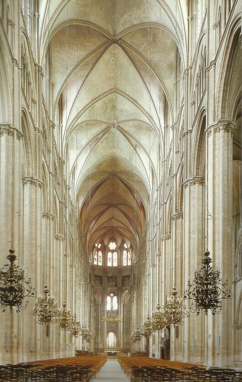 Nave looking east at Bourges Cathedral, France French Cathedrals Interior, Bourges Cathedral, French Cathedrals, Interior Design History, Church Interior Design, Cathedral Basilica, Romanesque Architecture, Classic Building, Gothic Cathedrals