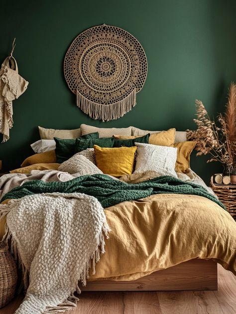 Transform your bedroom into a cozy boho haven with this home bedroom refresh. Featuring earthy tones, lush fabrics, and rustic decor, it creates a warm and inviting space. Perfect for relaxation and adding a touch of nature to your home. #BohoChic #HomeDecor #CozyBedroom Boho Dark Bedroom, Dark Green Boho Bedroom, Bedroom Ideas Green, Mustard Bedroom, Green Nightstands, Cozy Boho Bedroom, Bedroom Ideas Inspiration, Boho Bedroom Ideas, Boho Style Bedroom