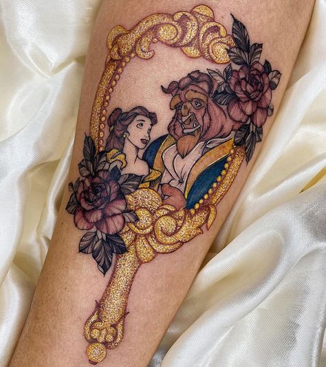 Disney Beauty And The Beast Tattoo, Disney Thigh Tattoos Women, Disney Tattoos Princess, Disney Glitter Tattoo, Disney Princess Tattoo Sleeve, Glitter Style Tattoo, Unique Disney Tattoos, Glitter Tattoos Real, Beauty And Beast Tattoo