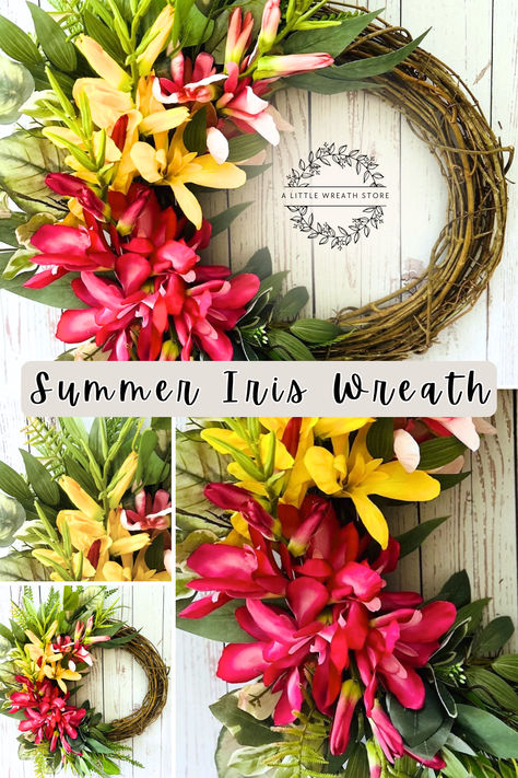 🌸✨ Brighten your door with our Summer Iris Wreath! Featuring vibrant pink, yellow, and fuchsia florals, this tropical wreath adds a cheerful touch to any entryway. 🌞🌿🌺 Tropical Wreath, Summer Wreaths, Summer Tropical, Wreath Summer, Wreath Front Door, Front Door Wreath, Front Door Decor, Door Wreath, Summer Wreath