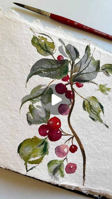 Cherries Watercolor Painting, Watercolor Cherries, Cherry Watercolor, Watercolor Light, Watercolor Beginner, Watercolor Leaves, Easy Watercolor, Side Wall, Watercolour Tutorials