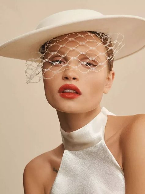 White wedding hat with birdcage veil from Anthropologie. Romantic Wedding Veil, Birdcage Veils, Bridal Birdcage Veils, Veiled Hats, Blusher Veil, Bridal Attire, Bridal Hat, Women Hats Fashion, Embellished Headbands