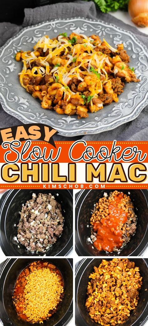 Whip up this crock pot chili mac for a simple dinner to serve up the whole family. A ground beef crockpot recipe paired with tender pasta, beans, and more. Add on your favorite toppings and serve up a family dinner; even the kids will ask for seconds. Chilli Mac Crockpot, Crockpot Chili Mac Recipe, Chilli Mac Recipe Slow Cooker, Hamburger Pasta Crockpot Recipes, Crockpot Pasta Recipes Ground Beef Crock Pot Spaghetti, Ground Beef Crockpot Meals, Crockpot Meals Ground Beef, Crockpot Mostaccioli, Crockpot Pasta Recipes Ground Beef