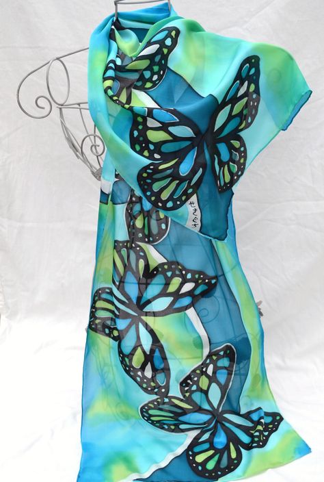 Scarf - Butterflies (Blue/Green), £20.00 Puriri Moth, Painted Silk Scarves, Silk Painting Techniques, Hand Painted Dress, Hand Painted Scarves, Hand Painted Fabric, Painted Scarf, Pure Silk Scarf, Silk Scarf Painting