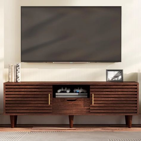 Mercer41 Naryia 59'' Media Console & Reviews | Wayfair Mid Century Entertainment Center, Console For Living Room, Low Profile Tv Stand, Midcentury Tv Stand, Mid Century Tv, Tv Stand With Drawers, Mid Century Modern Tv Stand, Vintage Elements, Storage Credenza