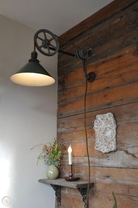 Pulley Decor Ideas, Pully Light, Pulley Floor Lamp, Pulley Light Fixture, Pulley Lamps, Pulley Light, Steampunk Lighting, Light Games, Steampunk Lamp