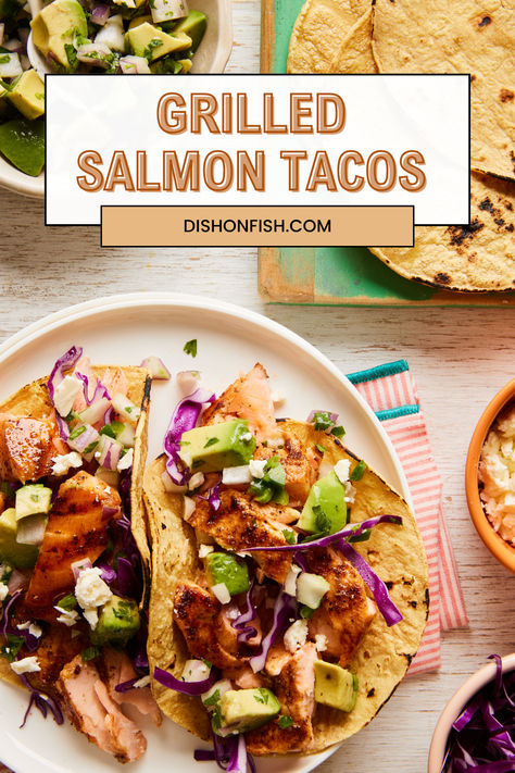 Which brings us to our latest creation—grilled salmon tacos with avocado-lime salsa. This recipe takes your standard taco to a whole new level of deliciousness. With just a few simple steps, you can whip up a batch in minutes. Plus, you’ll be reaping all the incredible nutritional benefits of salmon! Packed with omega-3 fatty acids and protein, salmon is not only incredibly tasty but also great for your health. Benefits Of Salmon, Grilled Salmon Tacos, Salmon Tacos Recipe, Colorful Salad, Salmon Tacos, Recipes Seafood, Easy Mediterranean Diet Recipes, Salmon Seasoning, Healthiest Seafood