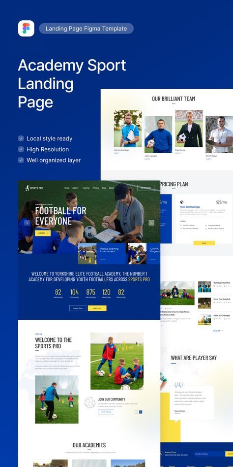 SportsPro - Academy Sport Landing Page Figma Template | Figma Community Team Collaboration Landing Page, Sports Academy, Soccer Academy, Community Design, Ui Website, Figma Template, Sports App, Sports Club, Website Design Services