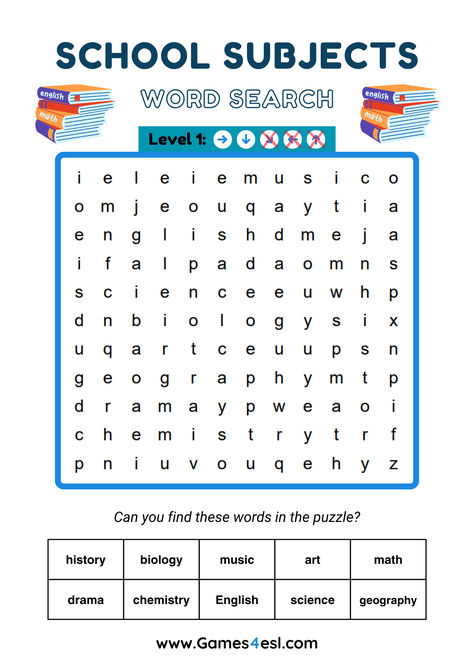 A School Subjects Word Search Pronoun Words, School Word Search, Teach English To Kids, Word Searches, English Language Learners, School Worksheets, Free Printable Worksheets, School Subjects, Language Learning