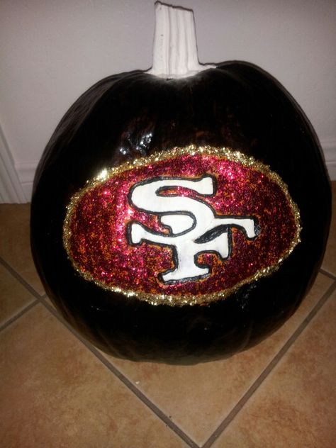 Painted 49er Pumpkin Pumping Carving, 49ers Crafts, 49ers Party, Pumpkin Pumpkin Carving, Football Halloween, Pumpkin Carving Stencils, Carving Stencils, 49ers Fans, Painted Pumpkin