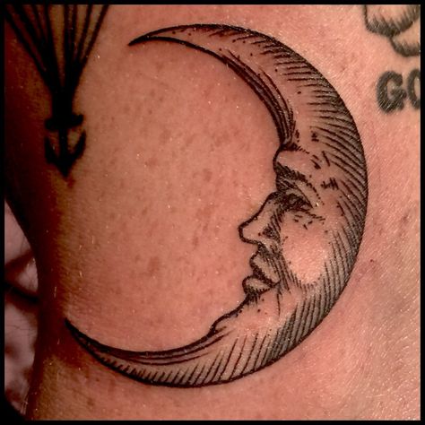 Old Moon Tattoo, Black And White Moon Tattoo, Man In Moon Tattoo, Traditional Moon Tattoo Black, Woodcut Moon Tattoo, Whimsigoth Moon Tattoo, Moon Tattoo Patchwork, Trippy Moon Tattoo, Masculine Moon Tattoo