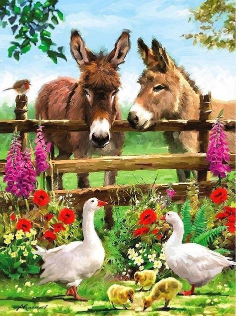 donkeys and geese Donkey Paintings, Picture Craft, Art Cross Stitch, Basic Painting, Whatsapp Wallpaper Cute, Oil Art, Celtic Tree Of Life, Craft Home, Farm Art