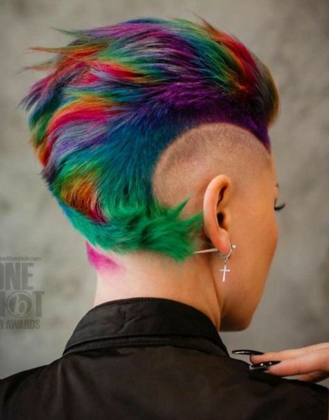 Short Neon Hair, Hair Rainbow Color, Short Hair Rainbow, Prism Hair Color Short, Rainbow Pixie Hair, Colorful Mohawk, Rainbow Hair Color Short, Color Pixie Cut, Rainbow Faux Hawk