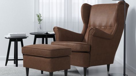 Strandmon Wing Chair | These furniture items might look more upmarket, but they happily come at IKEA prices Ikea Wingback Chair, City Room Decor, French Door Blinds, Strandmon Chair, Blinds For French Doors, Counselling Room, Ikea Strandmon, Leather Wingback Chair, Leather Chair With Ottoman