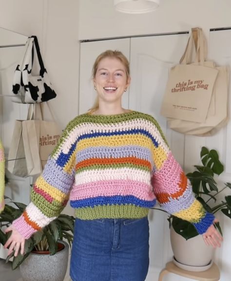 Jenna Phipps, Super Chunky Crochet, Rainbow Jumper, Yarn Rainbow, Crafty Hobbies, Crochet Jumper, Scrap Yarn, Yarn Sweater, Crochet Square Patterns