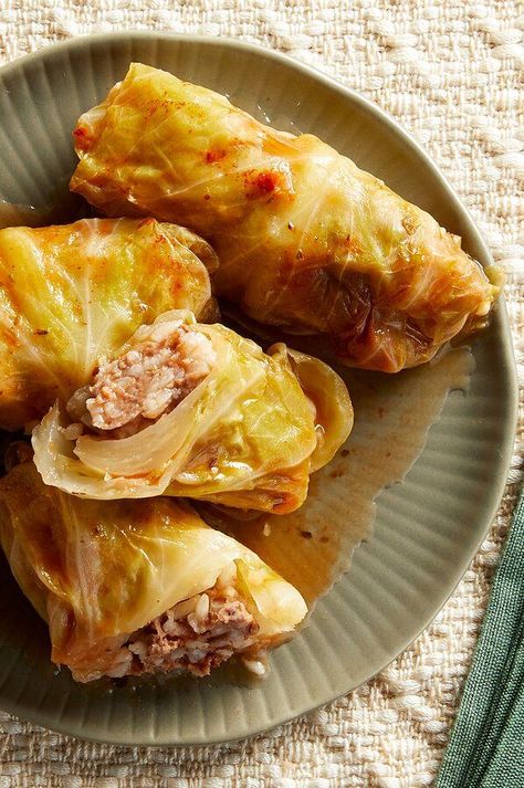 These cabbage rolls are stuffed with a mixture of ground beef, rice and warm spices and cooked in a savory tomato sauce seasoned with garlic and mint. Topping the rolls with lemon juice just before serving gives the dish a bright flavor. They would make a wonderful centerpiece for a Sunday supper. #dinner #dinnerideas #supperideas #dinnerrecipes #healthydinnerideas #healthydinnerrecipes #healthyrecipes Beef Hamburger Recipes, Cabbage Dishes, Stuffed Cabbage Rolls, Ground Beef Recipe, Eating Well Recipes, Cabbage Roll, Stuffed Cabbage, Lebanese Food, Dairy Free Eggs