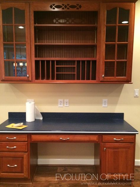 Remodel Kitchen Desk Area, Built In Kitchen Desk Makeover, Kitchen Desk Remodel, Kitchen Desk Area Repurpose, Kitchen Desk Areas, Desk Makeover Diy, Cabinet Transformations, Kitchen Built In, Corian Countertops