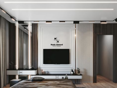 Modern Master Bedroom on Behance Classic Tv Wall, Bedroom Behance, House Makeovers, Classical Interior, Tv Room Design, Tv Design, Master Room, Living Room Partition Design, Tv In Bedroom