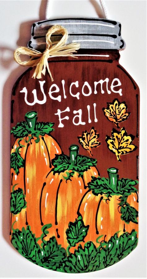 Autumn Porch, Mason Jar Door Hanger, Mason Jar Sign, Fall Mason Jars, Hand Painted Pumpkin, Diy Hanging Shelves, Hanging Door, Mason Jar Crafts Diy, Painted Jars