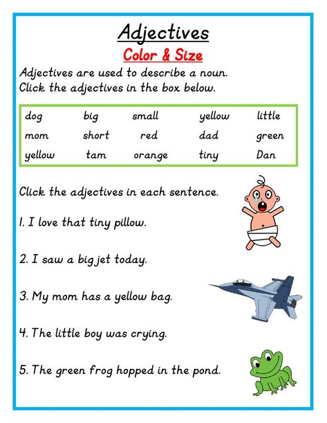 Adjectives Color and Size worksheet Describing Words For Grade 1, Describing Words Worksheet For Grade 1, Adjectives Worksheet 2nd Grade, Adjectives Worksheet For Grade 1, Description Prompts, Activity For Grade 1, Adjectives Worksheet, Adjectives Activities, Worksheets For Class 1