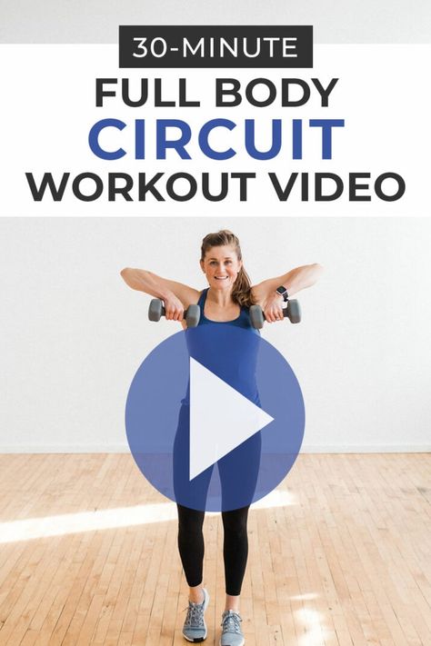 Full body Circuit Training! This dumbbell circuit workout consists of 16 strength training exercises broken into 4 circuits. Follow along with this 30 minute at home workout video to strengthen every major muscle group while raising your heart rate and breaking a sweat. Aerobics Workout At Home, Daily Pilates, Body Circuit Workout, Full Body Circuit Workout, Strength Training Exercises, Benefits Of Strength Training, Full Body Circuit, Home Workout Videos, Training Exercises