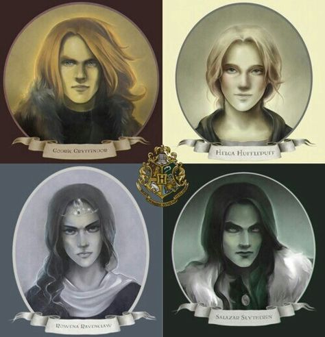 Godric Gryffindor, Helga Hufflepuff, Rowena Ravenclaw and Salazar Slytherin - Hogwarts Founders Salazar X Godric, Hogwarts Founders Fanart, Salazar Slytherin Fanart, Founders Of Hogwarts, Godric Gryffindor, Helga Hufflepuff, Salazar Slytherin, Rowena Ravenclaw, Hogwarts Founders