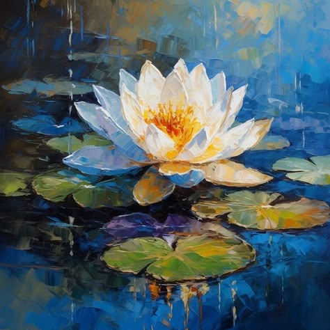 Blue Lily Painting, Waterlily Oil Painting, Lily Pond Painting, Lotus In Pond Painting, Lily Pad Oil Painting, Decoupage Glass, Decoupage, Glass