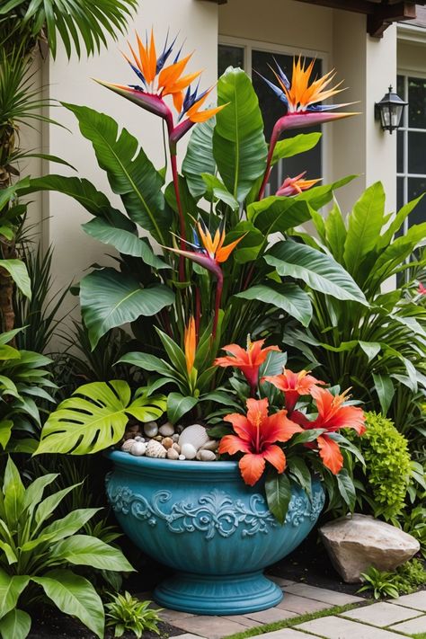 20 Front Yard Tropical Garden Design Ideas - Toolz Geek English Cottage Garden Ideas, Cottage Garden Ideas, Tropical Backyard Landscaping, Tropical Garden Design, Tropical Backyard, Potted Plants Outdoor, Large Flower Pots, Diy Flower Pots, Flower Pots Outdoor