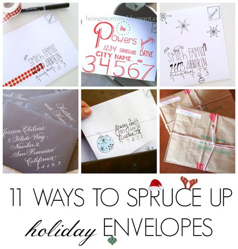 11 ways to spruce up a plain white Christmas card envelope! Christmas Envelope Art Cute Ideas, Christmas Envelope Art Diy, Christmas Envelope Art Easy, Addressing Christmas Envelopes, Christmas Card Envelopes Decorating, Holiday Envelope Addressing, Clever Christmas Cards, Addressing Christmas Cards, Envelope Address