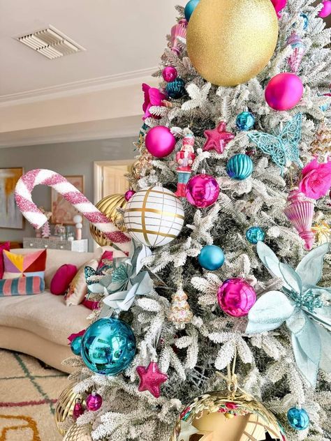 Pink And Teal Christmas Tree, Pink Blue Christmas Tree, Pink And Blue Christmas Tree, Pink And Teal Christmas, Pink Christmas Tree Ideas, Prom 2k23, Teal Christmas Tree, Teal Christmas, Blue Christmas Decor