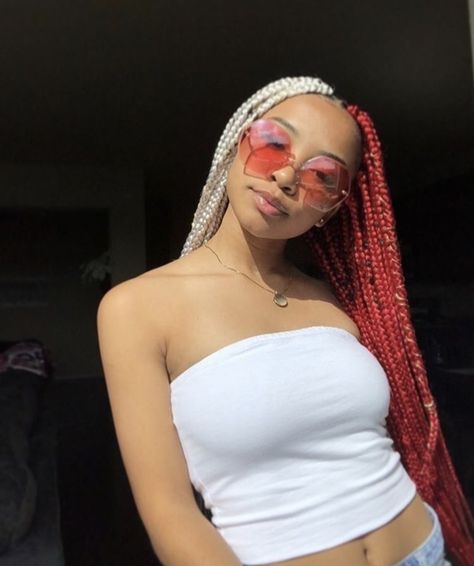 Half Colored Box Braids, Red Braids, Red Box Braids, Sunglasses For Your Face Shape, Black Box Braids, Half And Half Hair, Colored Box Braids, Afro Braids, Blonde Box Braids