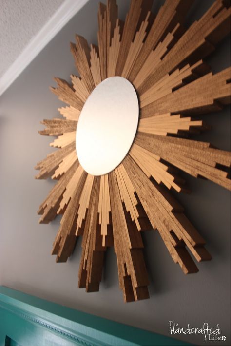 *The Handcrafted Life*: DIY Sunburst Mirror with Wood Shims Diy Sunburst Mirror, Wood Burning Patterns Stencil, Wood Wall Art Diy, Wood Stars, Home Decor Ideas Living Room, Carpentry Diy, Sunburst Mirror, House Furniture Design, Wood Clocks