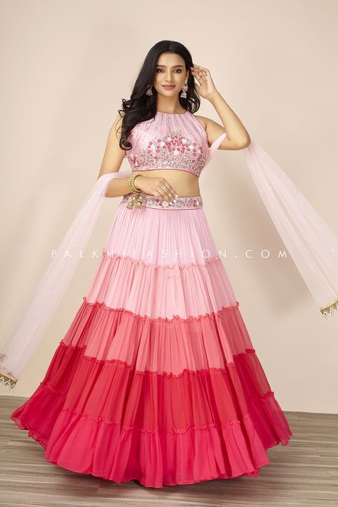 Latest Lehnga Design 2023, Pink Lehenga Choli Designs Latest, Shaded Lehenga, Indian Traditional Dresses, Alexandrine Parrot, Palkhi Fashion, Handwork Blouse, Gharara Suits, Dream Gown