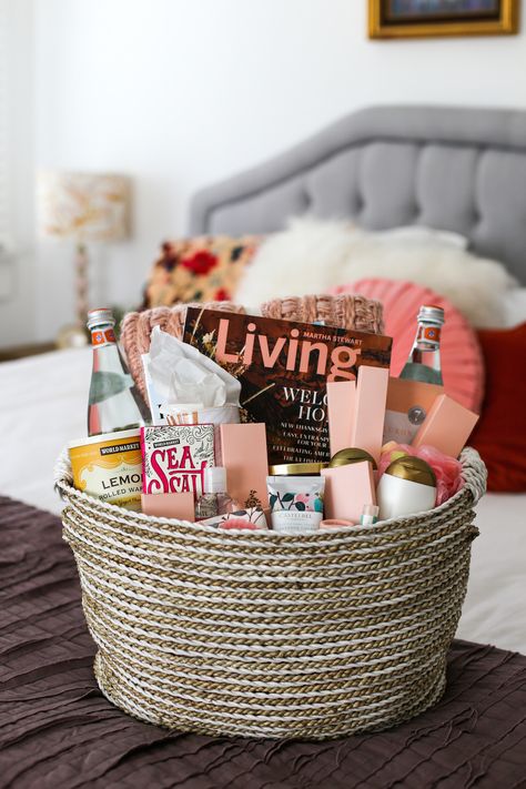 A houseguest welcome basket loaded with essentials and nonessentials to make holiday or overnight guests feel at home in the guest bedroom // Salty Canary Guest Room Baskets, Guest Welcome Baskets, Welcome Home Basket, Guest Basket, Guest Room Essentials, Chic Bedroom Design, Welcome Basket, Welcome Baskets, Guest Bedroom Decor