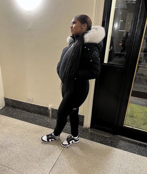 Moncler Jacket Women Outfit, Puffer Jacket Outfit Black, Nike Panda Dunks, Moncler Jacket Women, Panda Outfit, Nike Panda, Panda Dunks, Dunks Outfit, Puffer Jacket Outfit