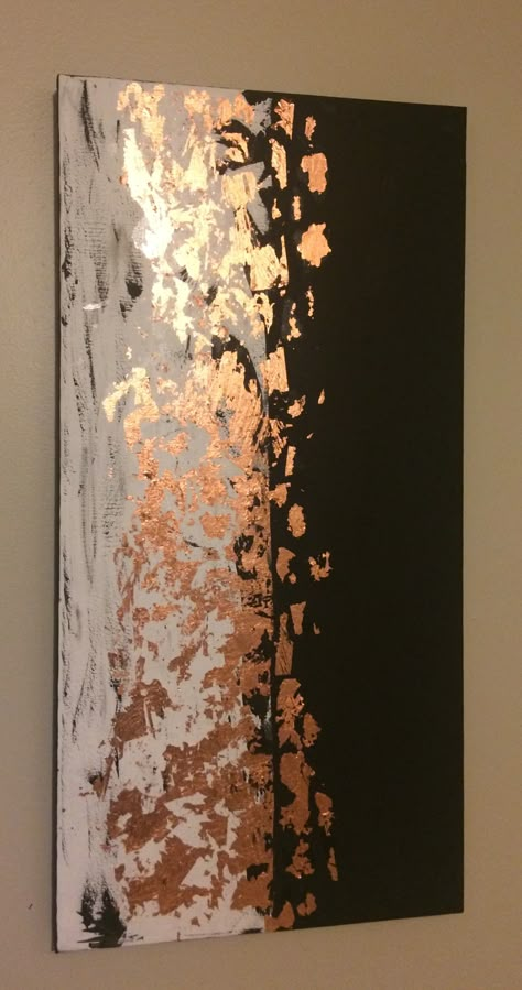 Copper leaf / gold leaf painting I made . You can use any color leaf and it will look awesome, I chose copper cause I had some in my stash.  Black and white acrylic paint was the only two colors used .  Love how this turned out. Canvas For Beginners, Leaf Painting, Copper Leaf, Gold Leaf Art, Soyut Sanat Tabloları, Gold Leaf Painting, White Acrylic Paint, Painted Leaves, Beginner Painting