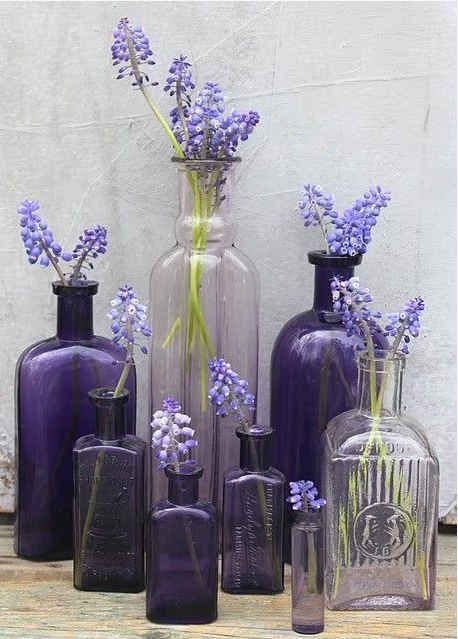 44 Loveliest Lavender Wedding Details                                                                                                                                                     More Deco Violet, Vases With Flowers, Purple Bottle, Purple Stuff, Royal Colors, Lovely Lavender, Vintage Bottles, Old Bottles, Purple Love