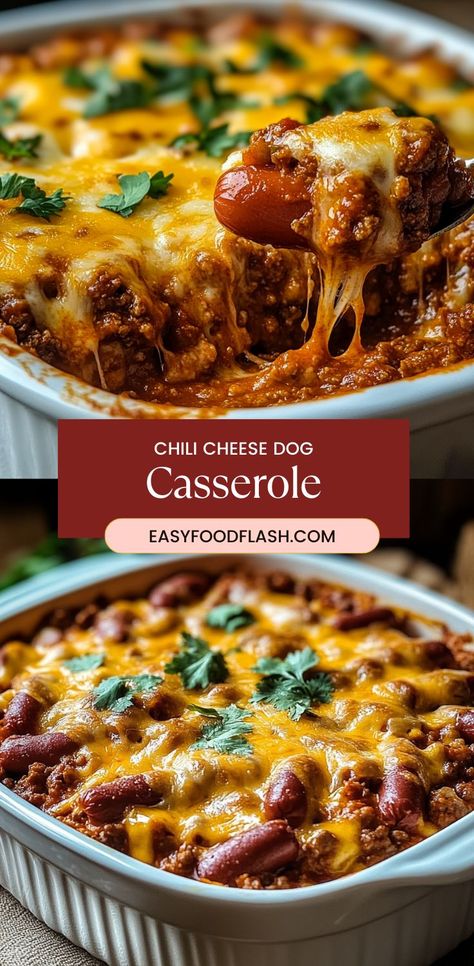 A comforting and cheesy casserole that combines sliced hot dogs, chili, crescent roll dough, and shredded cheddar cheese, baked to perfection for a delicious and hearty meal. Chili Cheese Dog Bake, Chili Dog Bake, Hot Dogs Chili, Baked Chili Cheese Dogs, Chili Cheese Hot Dog, Hot Dog Casserole, Chili Dog Casserole, Chili Cheese Dog Casserole, Baked Chili