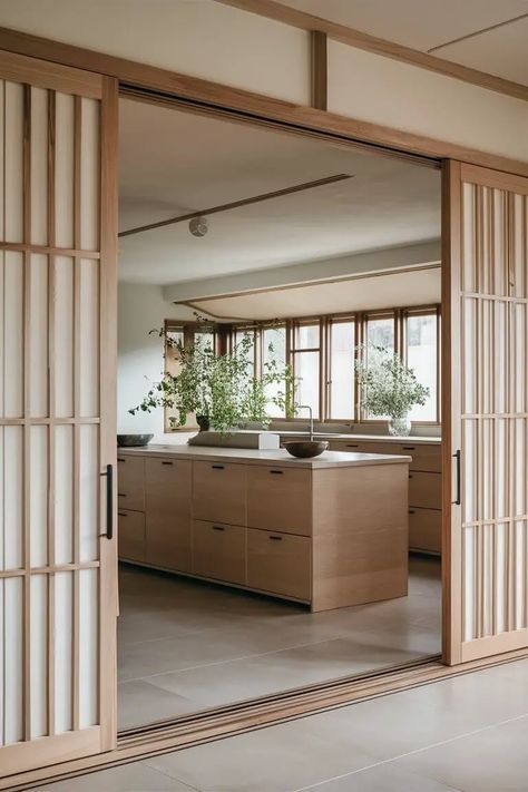 Japandi Architecture, Mound House, Japandi Kitchen Ideas, Japandi Style Home, Japandi Kitchen, Green Studio, Japandi Home, Cliff House, Japanese Minimalism