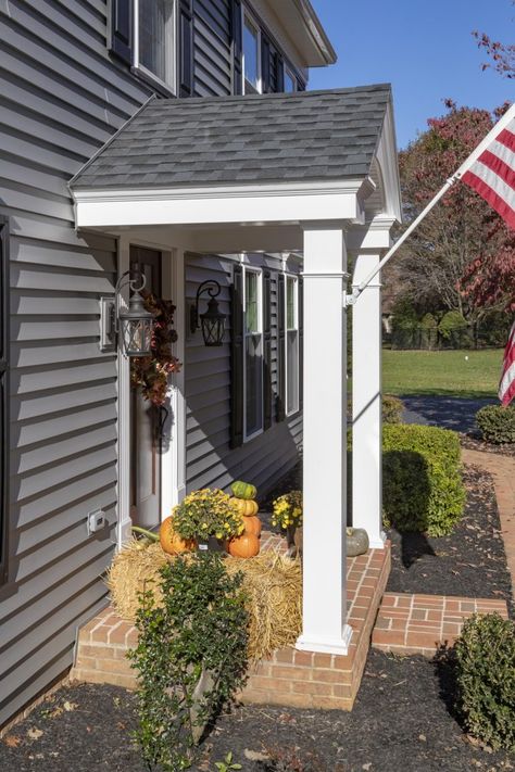 Gable Portico Front Entry, Portico Front Door, Cape Cod Portico Front Entry, Door Overhang Ideas Front Door, Roof Over Front Door Entrance, Front Door Overhang Ideas, Colonial Portico Entrance, Front Porch Portico Ideas, Front Door Overhang Entrance Porticos