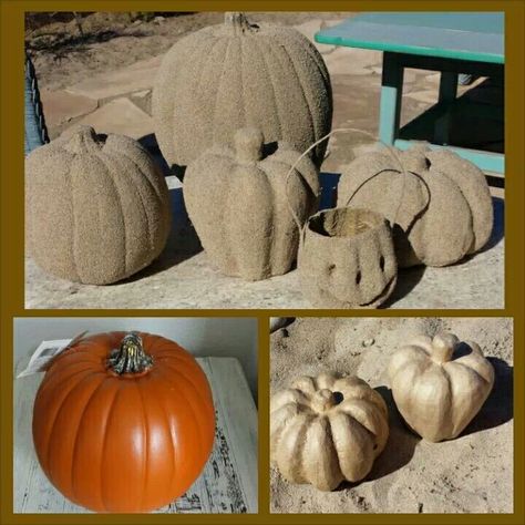 Couldn't find any beachy Fall decor so I made my own! Paper mache and foam pumpkins from Michaels, spray glue and sand. It worked! So cute! So pleased with the results :-) Have fun! XO Michele Coastal Pumpkins, Coastal Autumn, Craft Pumpkins, Beach House Furniture, Coastal Fall, Spray Glue, Fall Beach, Coastal Holiday, Foam Pumpkins